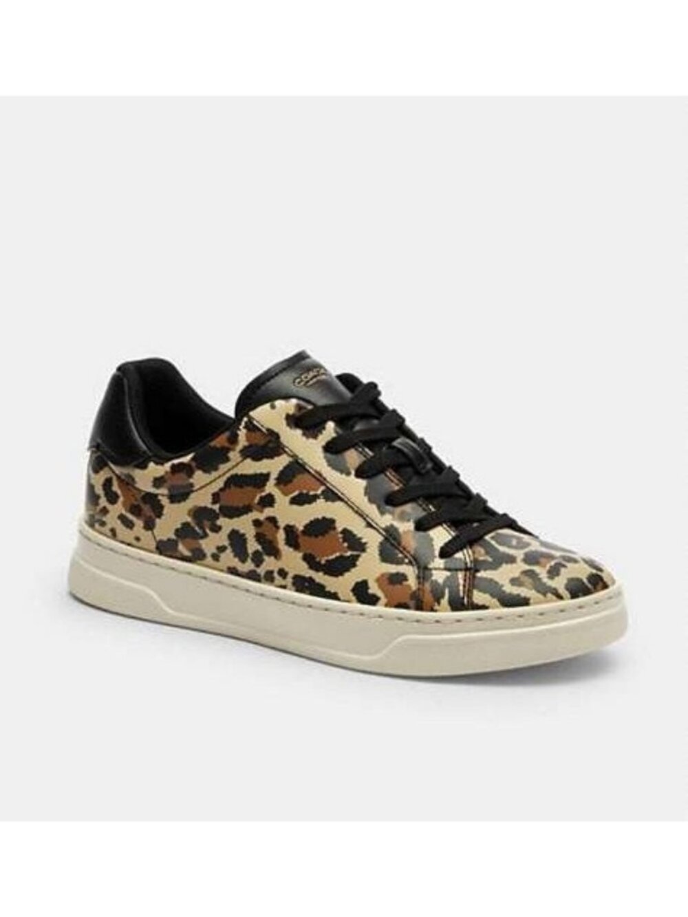 Coach Restored Lowline Low Top Sneakers Women Size 8 Black Beige Leopard Lace Up - Picture 1 of 5